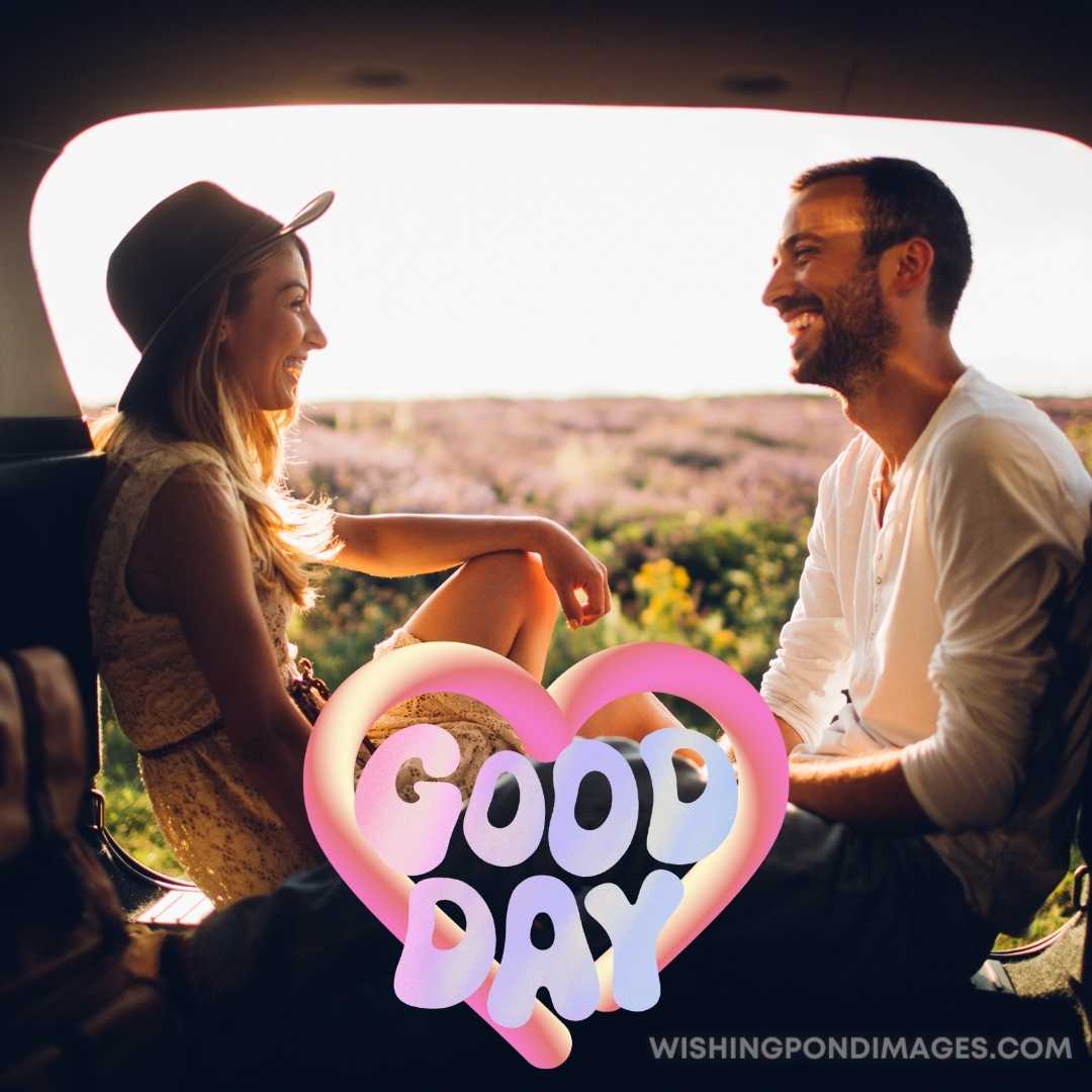 Photo of young couple, camping in the back of the van and enjoying the lavender smell and view. Good